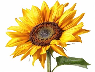 Fototapeta premium Bright sunflower with vibrant yellow petals and a green leaf. Perfect for nature themes or garden concepts. Isolated on a white background.