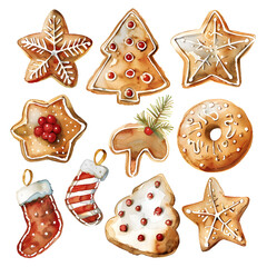 Beautiful Christmas season Gingerbread Cookies, watercolor illustration, single object.
