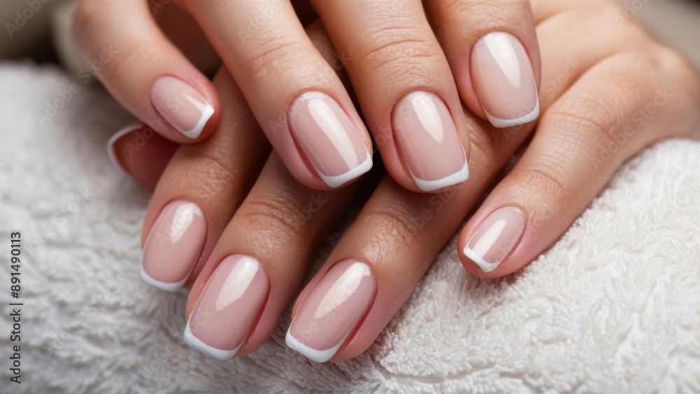 Wall mural A woman's hands with pink and white manicured nails, AI