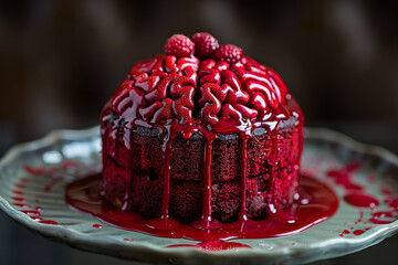 Halloween dessert featuring a realistic brain-shaped cake dripping with blood-red raspberry sauce.