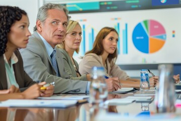 Obraz premium Workshops and presentations with a manager, leader, or CEO and his team. Boardroom teamwork, learning, and coaching for firm growth