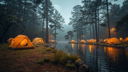 Enchanting Evening Campsite Along a Foggy Lake. Generative AI
