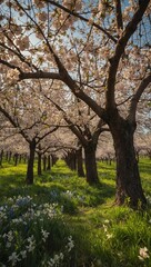 Blooming tree and spring flowers in orchard scene