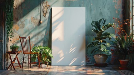 A white wall with a chair and a potted plant in front of it