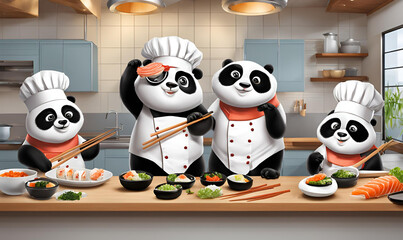 Obraz premium Chef Panda: Pandas with chef hats and glasses, preparing sushi in a modern kitchen, culinary ad, delightful and exotic. 