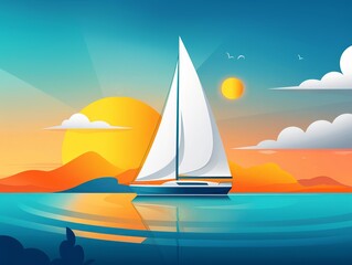Naklejka premium Beautiful sunset over a calm sea with a sailboat, mountains, and serene sky creating a peaceful and tranquil scene.