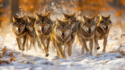 Pack of wolves running through snowy forest, autumn colors, dynamic action