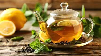 A cup of detoxifying green tea with fresh mint leaves, lemon slices, and a teapot