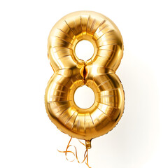 Number 8 foil golden balloon isolated on white background
