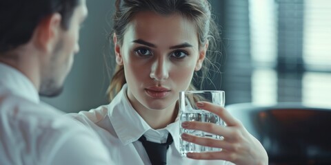 In hiring manager interview, nervous mixed-race entrepreneur drinks water. CEO searches resume for job opening, vacancy, and office. Calming anxious applicant