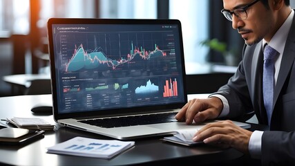 A businessman using computerized virtual images to analyze the financial balance sheet of his company A businessman analyzing financial data to forecast growth in long-term investments