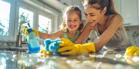 Little girl helping mom with housework. Happy mom and daughter spraying and cleaning the kitchen counter with gloves. Kids learn responsibility by doing jobs