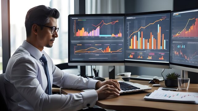 A businessman using computerized virtual images to analyze the financial balance sheet of his company A businessman analyzing financial data to forecast growth in long-term investments