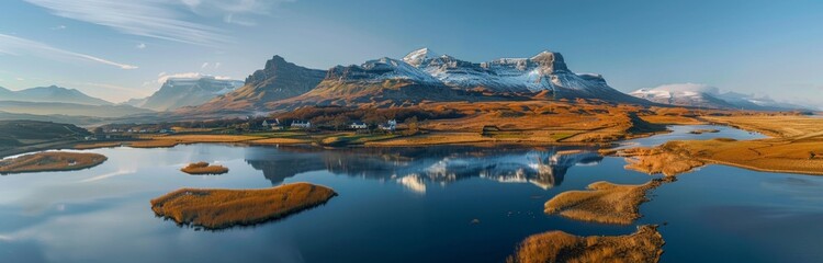 Majestic Aerial View of Scottish Highlands with Benbulben, Transparent Water, and Snow-Capped Mountains at Sunrise - Panoramic Landscape Photography in Nature Style
