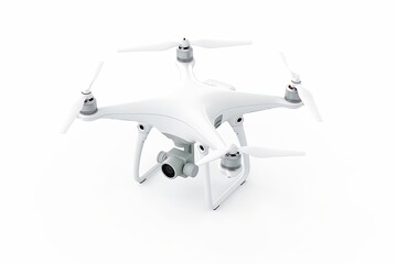 Drone mockup. Civilian aerial white drone on white isolated backgrop. Drone illustrations. Drone sticker. Drone