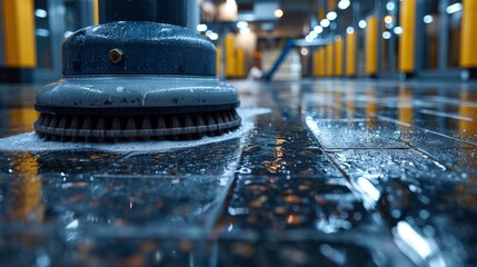 A Close-Up of a Floor Scrubber Cleaning a Wet Tile Floor in a Modern Building. Generative AI