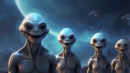 Obraz premium Concept of extraterrestrial arrival; aliens are grinning and greeting
