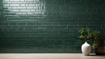 Wide tile background banner with dark green brick subway tiles and ceramic wall texture