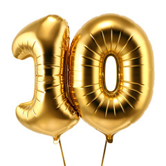 Number "10" foil golden balloon isolated on white background