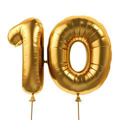 Number "10" foil golden balloon isolated on white background