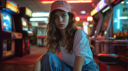 Young Caucasian Woman in 90s Fashion Style Clothing Inside a Casino, Gen-Z