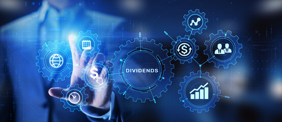 Dividends button on virtual screen. Return on Investment ROI financial business wealth concept.