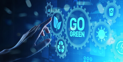 Obraz premium GO green eco technology ecology earth planet saving alternative energy. Button on virtual screen.