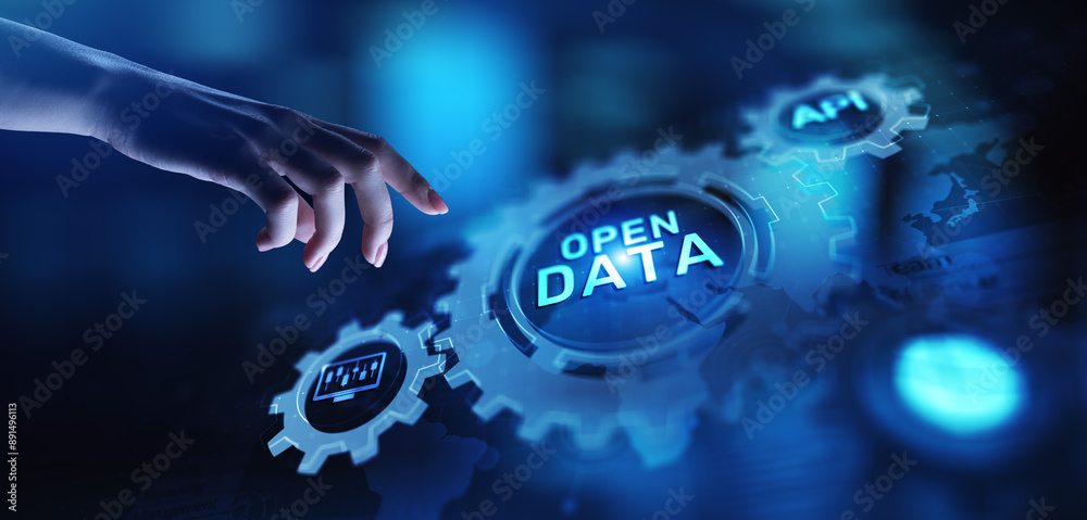 Poster open data database integration api internet technology concept.