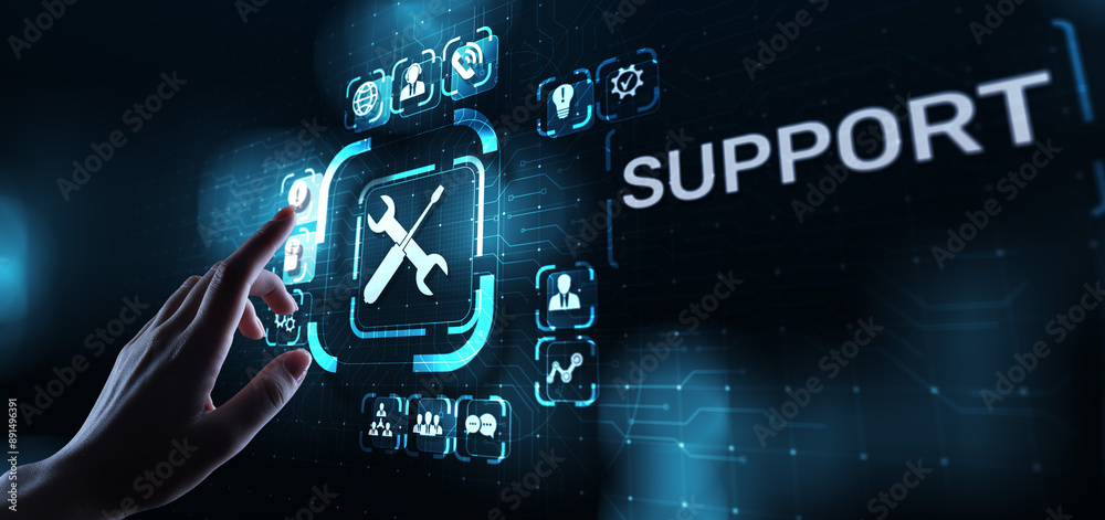 Aufkleber Support button on virtual screen. Customer service and communication concept.