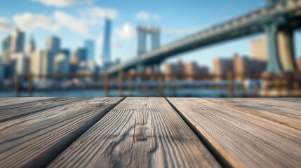 Obraz premium close up of rustic empty wooden table with blurred brooklyn bridge background