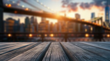 close up of rustic empty wooden table with blurred brooklyn bridge background