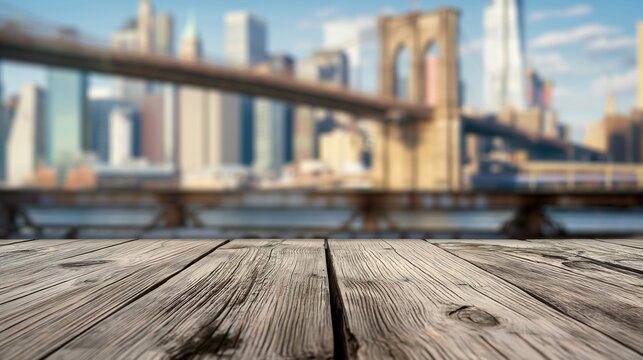 Fototapeta close up of rustic empty wooden table with blurred brooklyn bridge background