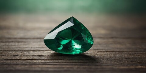 A pure emerald on old wooden background, blurred background.