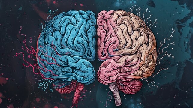 Left right human brain concept, textured illustration. Creative left and right part of human brain, emotial and logic parts concept with social and business doodle illustration of left side, and ... S