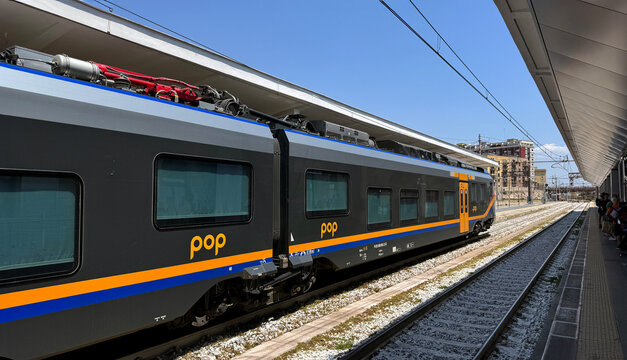 Trenitalia Pop electric train in an Italian railway station. FS ETR.103-104 electric train