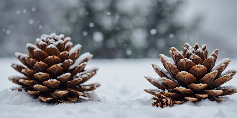 a couple of pine cones sitting on top of a snow covered ground with a blurry background of snow flakes on the top of the top of the pine cones.