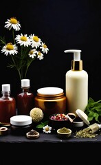 Elegant look herbal cream, shampoo and cosmatics items on a table in a dark background. This image is ai generated