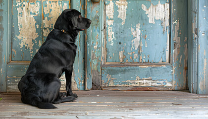 Sad black labrador sitting , The dog is looking at the door with a sad 