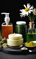 Elegant look herbal cream, shampoo and cosmatics items on a table in a dark background. This image is ai generated