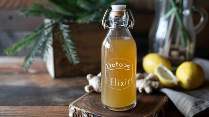 A small glass bottle labeled "Detox Elixir" with ingredients like apple cider vinegar, lemon, and ginger