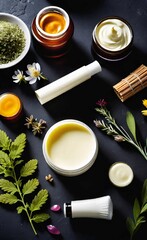 Elegant look herbal cream, shampoo and cosmatics items on a table in a dark background. This image is ai generated