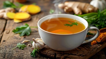 A steaming cup of detoxifying bone broth with ingredients like ginger, turmeric, and garlic