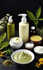 Elegant look herbal cream, shampoo and cosmatics items on a table in a dark background. This image is ai generated