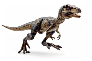 Obraz premium Realistic model of a Velociraptor dinosaur in an action pose, showcasing detailed texture and fierce expression against a white background.