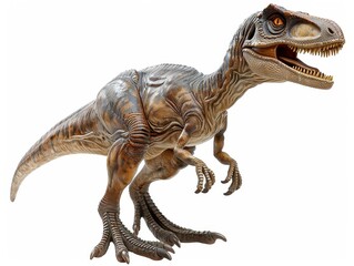 Realistic sculpture of a fierce Velociraptor dinosaur showing detailed textures and dynamic pose,...