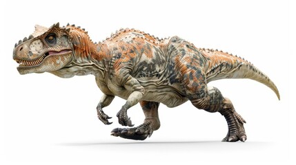 Fototapeta premium Realistic rendering of a carnivorous dinosaur in mid-stride, showcasing its fierce appearance and prehistoric features.
