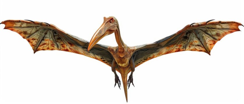 Realistic 3D rendering of a flying pterodactyl with wings spread, showcasing detailed texture and vivid colors, isolated on a white background.
