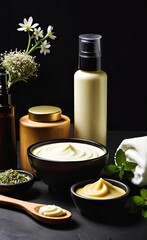 Elegant look herbal cream, shampoo and cosmatics items on a table in a dark background. This image is ai generated