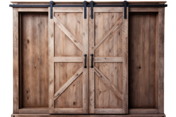 A rustic, farmhouse-style wardrobe with sliding barn doors and natural wood finishes, isolated on a white background
