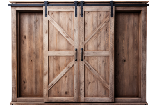 A rustic, farmhouse-style wardrobe with sliding barn doors and natural wood finishes, isolated on a white background